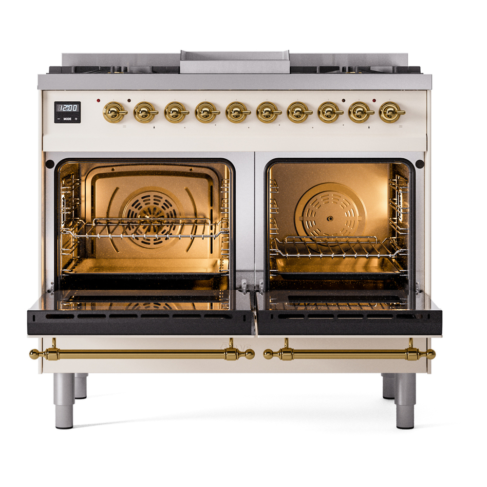 ILVE UPD40FNMPAWG Nostalgie II 40 inch Dual Fuel Range with Double Ovens, 6 Burners and Griddle (Natural Gas, Triple Glass Door, Antique White, Brass) 6 ILVE UPD40FNMPAWG Nostalgie II 40" Dual Fuel Range, oven doors opened