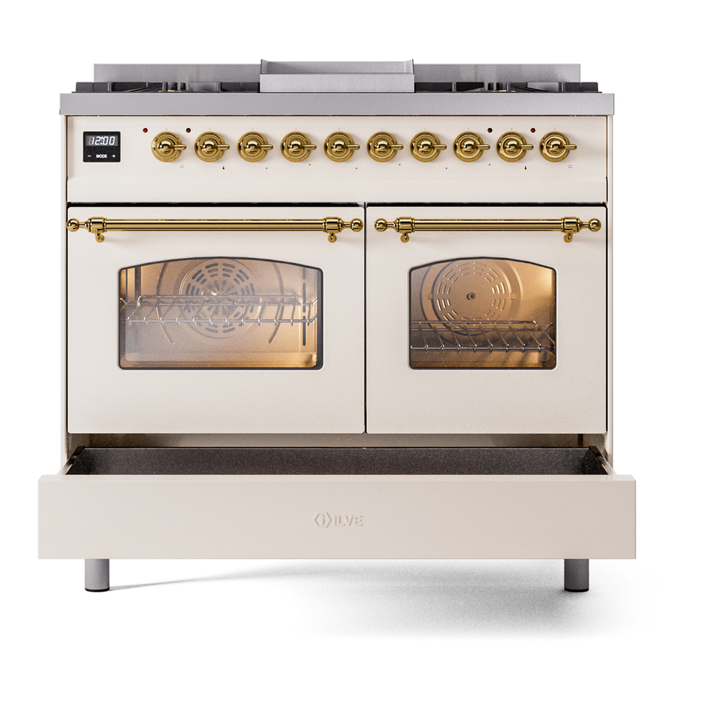 ILVE UPD40FNMPAWG Nostalgie II 40 inch Dual Fuel Range with Double Ovens, 6 Burners and Griddle (Natural Gas, Triple Glass Door, Antique White, Brass) 9 ILVE UPD40FNMPAWG Nostalgie II 40" Dual Fuel Range, drawer opened