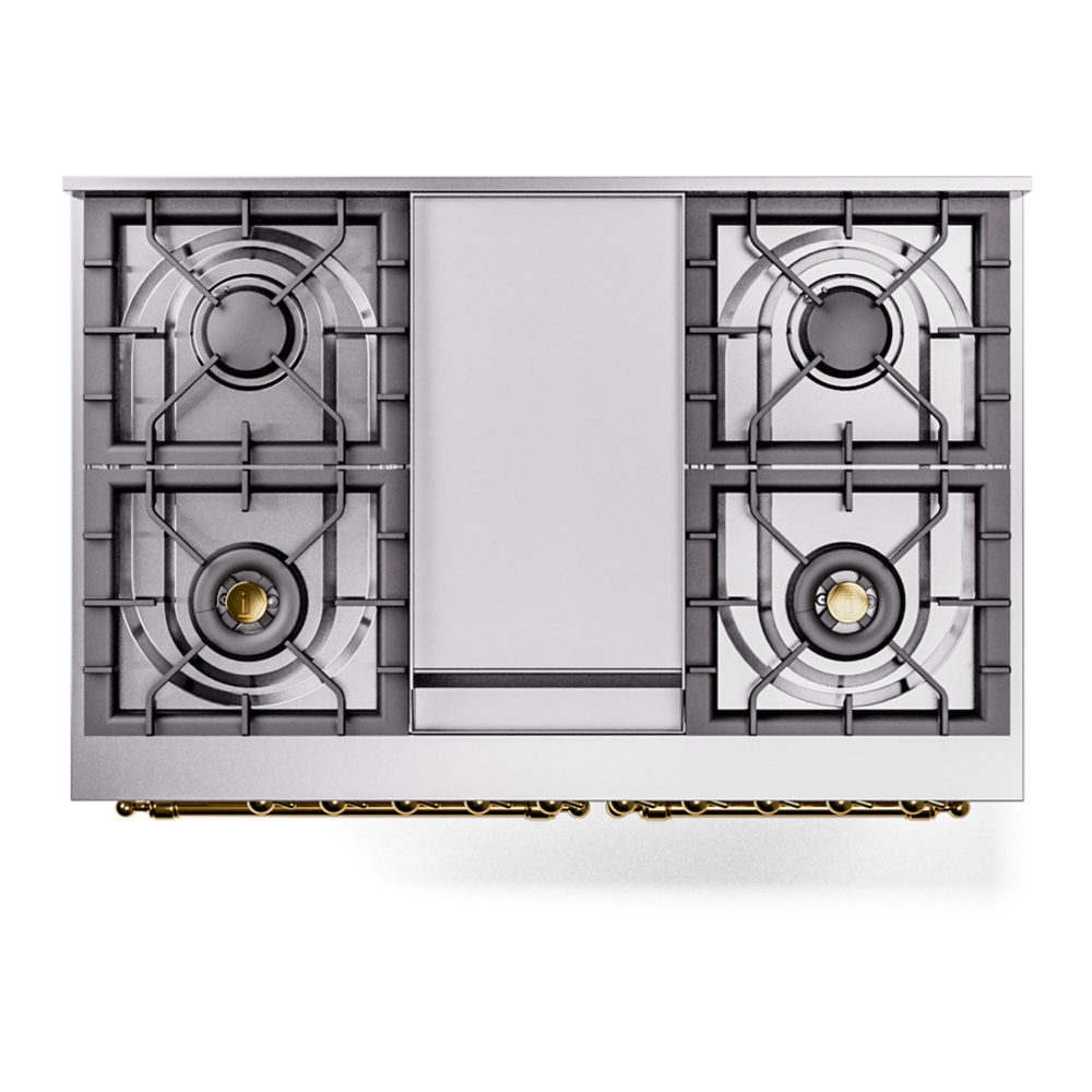 ILVE UPD40FNMPAWG Nostalgie II 40 inch Dual Fuel Range with Double Ovens, 6 Burners and Griddle (Natural Gas, Triple Glass Door, Antique White, Brass) 11 ILVE UPD40FNMPAWG Nostalgie II 40" Dual Fuel Range, top view