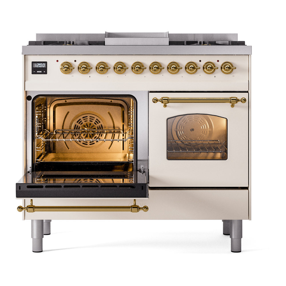 ILVE UPD40FNMPAWG Nostalgie II 40 inch Dual Fuel Range with Double Ovens, 6 Burners and Griddle (Natural Gas, Triple Glass Door, Antique White, Brass) 7 ILVE UPD40FNMPAWG Nostalgie II 40" Dual Fuel Range, main oven door opened