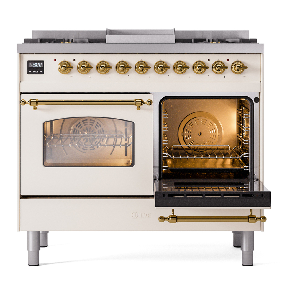 ILVE UPD40FNMPAWG Nostalgie II 40 inch Dual Fuel Range with Double Ovens, 6 Burners and Griddle (Natural Gas, Triple Glass Door, Antique White, Brass) 8 ILVE UPD40FNMPAWG Nostalgie II 40" Dual Fuel Range, side oven door opened