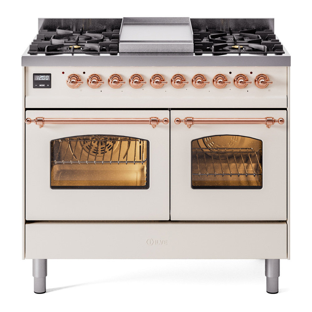 ILVE UPD40FNMPAWPLP Nostalgie II 40 inch Dual Fuel Range with Double Ovens, 6 Burners and Griddle (Liquid Propane, Triple Glass Door, Antique White, Copper) 1 UPD40FNMPAWPLP