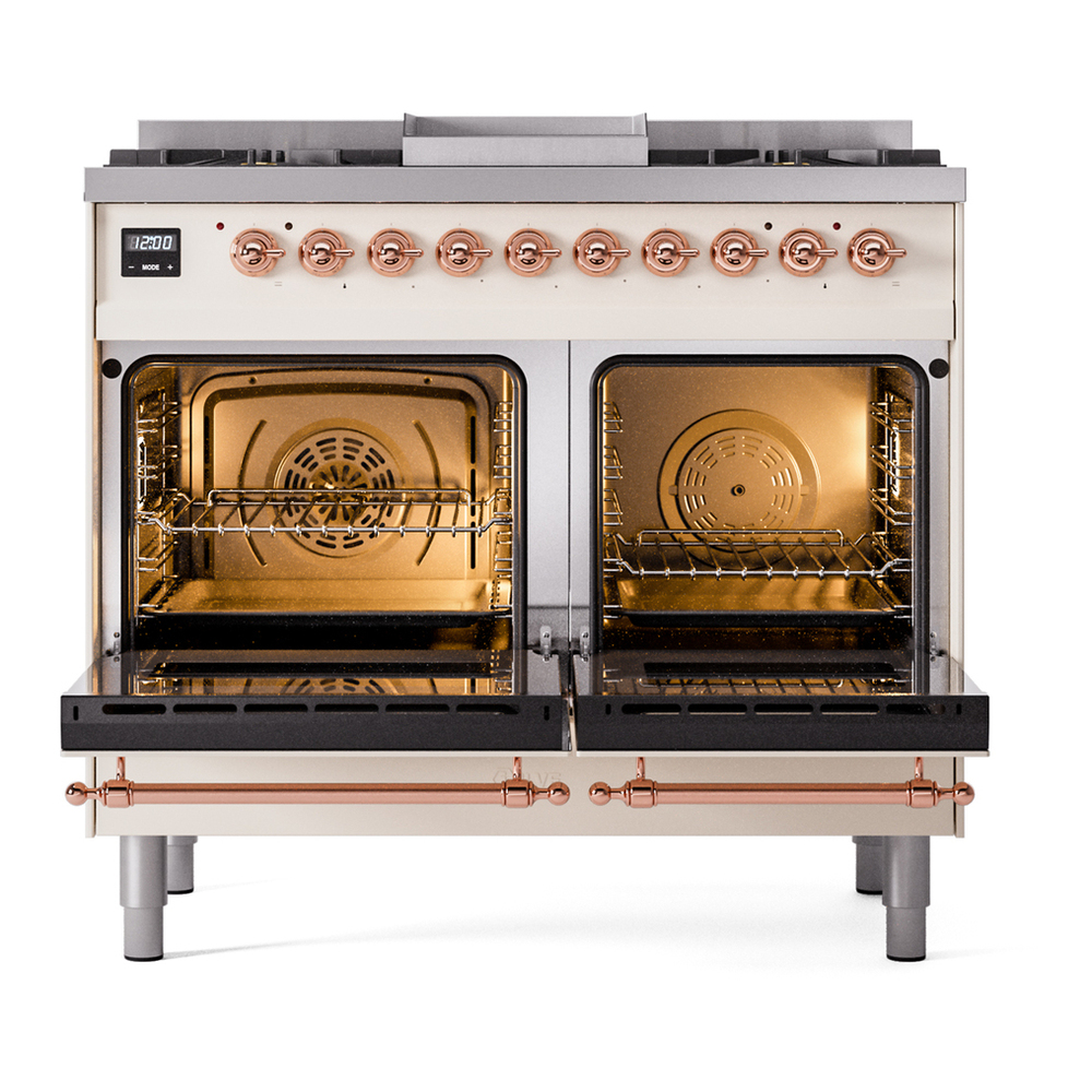 ILVE UPD40FNMPAWPLP Nostalgie II 40 inch Dual Fuel Range with Double Ovens, 6 Burners and Griddle (Liquid Propane, Triple Glass Door, Antique White, Copper) 6 ILVE UPD40FNMPAWPLP Nostalgie II 40" Dual Fuel Range, oven doors opened