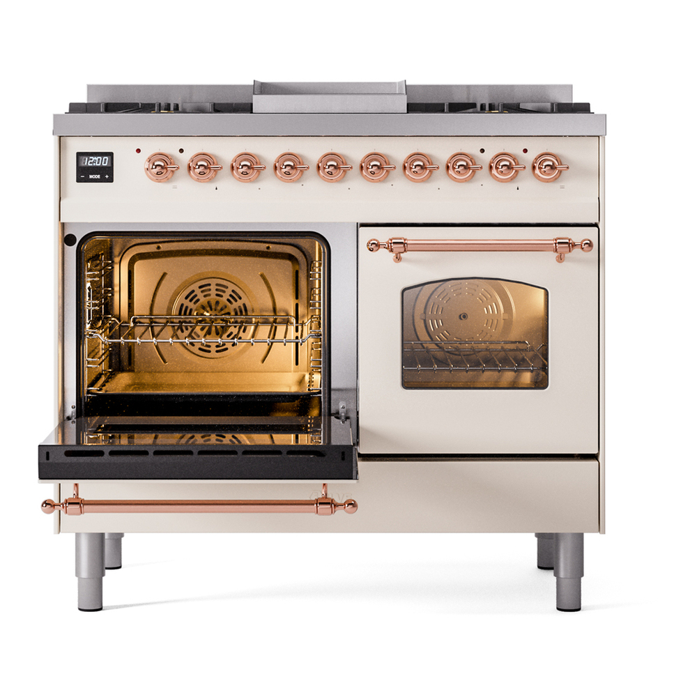ILVE UPD40FNMPAWPLP Nostalgie II 40 inch Dual Fuel Range with Double Ovens, 6 Burners and Griddle (Liquid Propane, Triple Glass Door, Antique White, Copper) 7 ILVE UPD40FNMPAWPLP Nostalgie II 40" Dual Fuel Range, main oven door opened