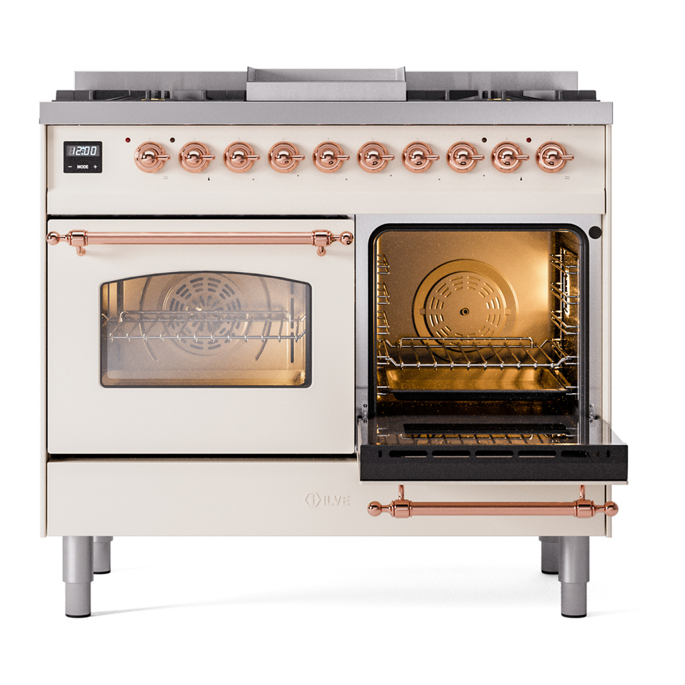 ILVE UPD40FNMPAWPLP Nostalgie II 40 inch Dual Fuel Range with Double Ovens, 6 Burners and Griddle (Liquid Propane, Triple Glass Door, Antique White, Copper) 8 ILVE UPD40FNMPAWPLP Nostalgie II 40" Dual Fuel Range, side oven door opened