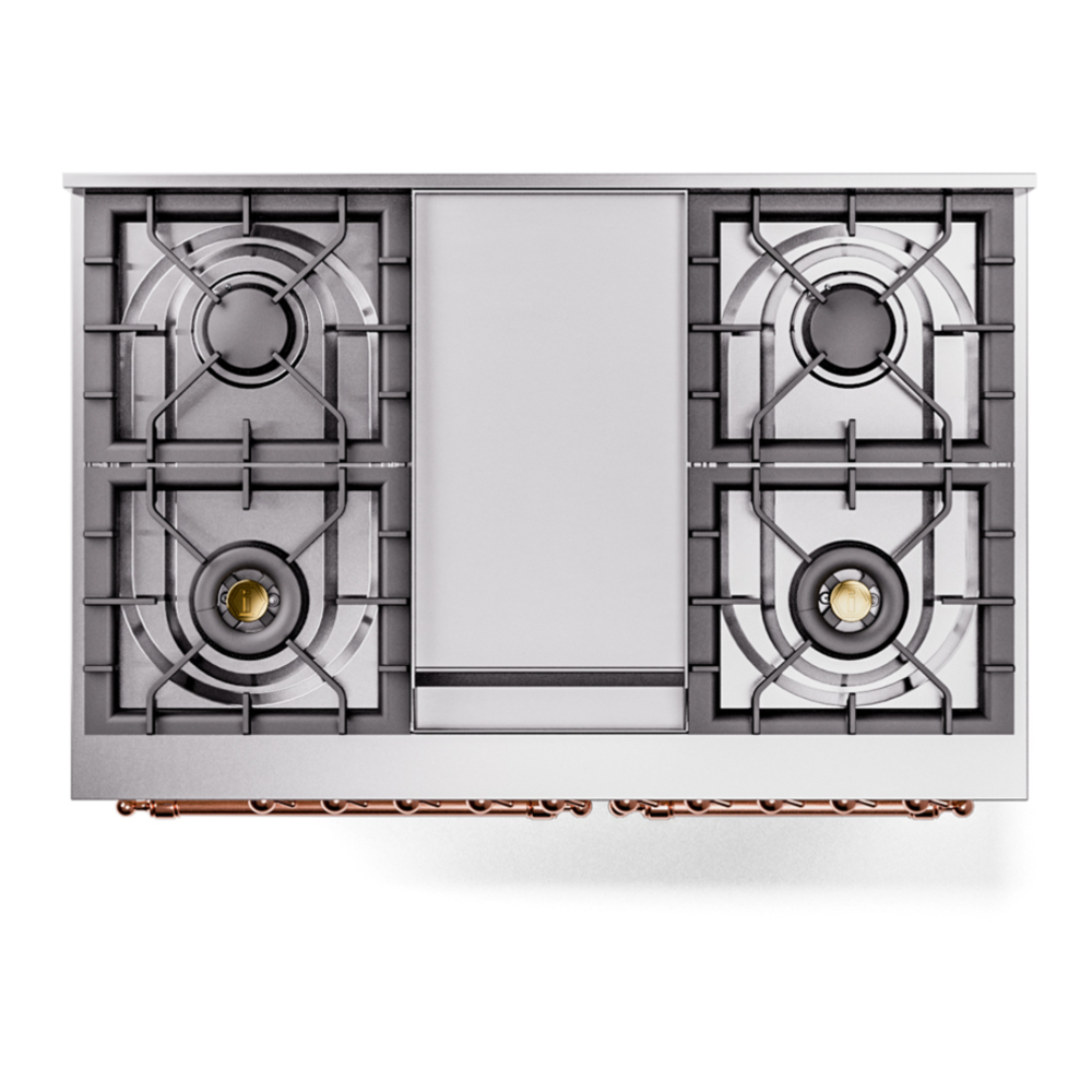 ILVE UPD40FNMPAWPLP Nostalgie II 40 inch Dual Fuel Range with Double Ovens, 6 Burners and Griddle (Liquid Propane, Triple Glass Door, Antique White, Copper) 11 ILVE UPD40FNMPAWPLP Nostalgie II 40" Dual Fuel Range, top view