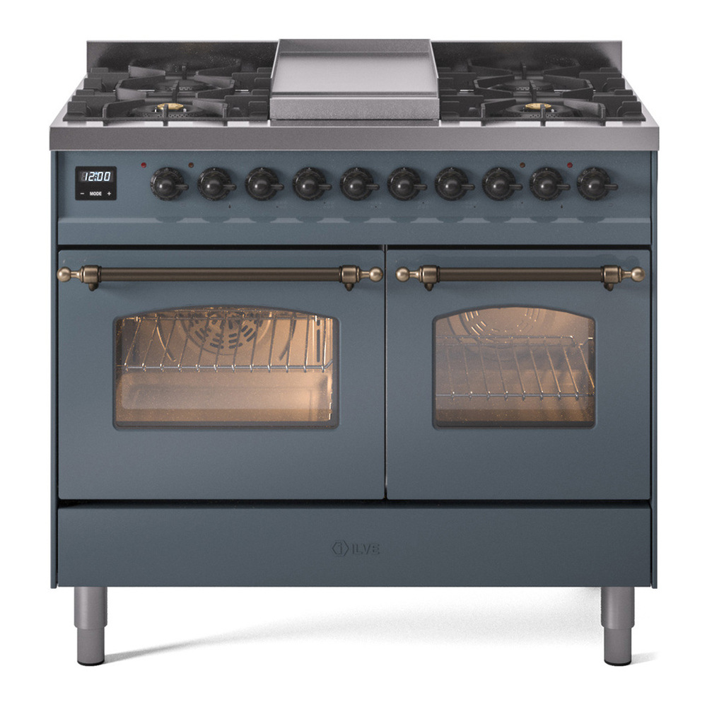ILVE UPD40FNMPBGBLP Nostalgie II 40 inch Dual Fuel Range with Double Ovens, 6 Burners and Griddle (Liquid Propane, Triple Glass Door, Blue Grey, Burnished) 1 UPD40FNMPBGBLP