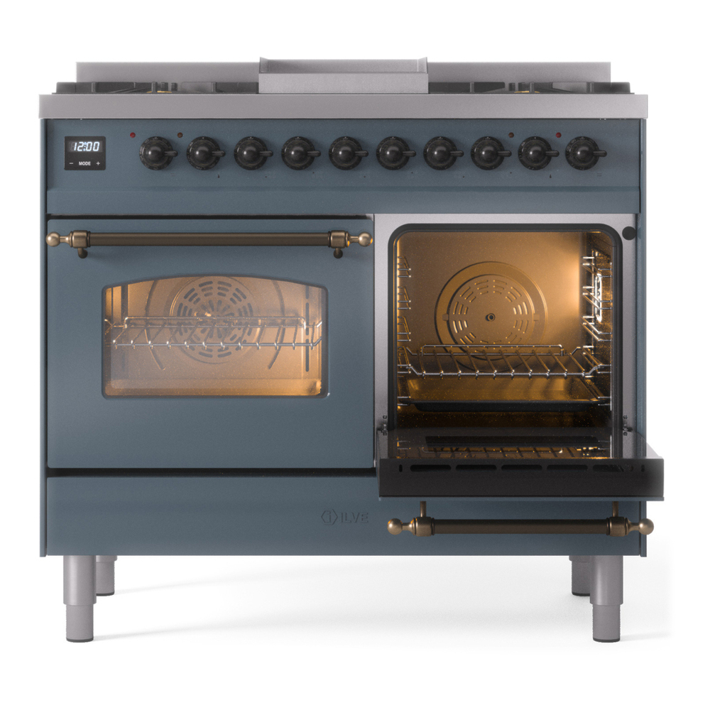 ILVE UPD40FNMPBGBLP Nostalgie II 40 inch Dual Fuel Range with Double Ovens, 6 Burners and Griddle (Liquid Propane, Triple Glass Door, Blue Grey, Burnished) 8 ILVE UPD40FNMPBGBLP Nostalgie II 40" Dual Fuel Range, side oven door opened