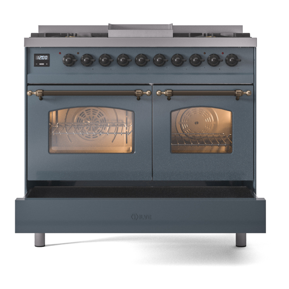 ILVE UPD40FNMPBGBLP Nostalgie II 40 inch Dual Fuel Range with Double Ovens, 6 Burners and Griddle (Liquid Propane, Triple Glass Door, Blue Grey, Burnished) 9 ILVE UPD40FNMPBGBLP Nostalgie II 40" Dual Fuel Range, drawer opened