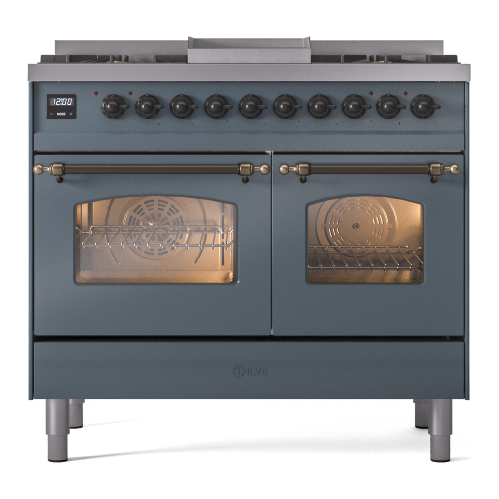 ILVE UPD40FNMPBGB Nostalgie II 40 inch Dual Fuel Range with Double Ovens, 6 Burners and Griddle (Natural Gas, Triple Glass Door, Blue Grey, Burnished) 5 ILVE UPD40FNMPBGB Nostalgie II 40" Dual Fuel Range, front view