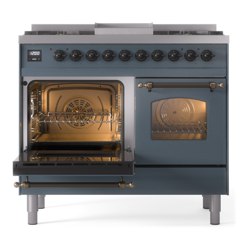 ILVE UPD40FNMPBGB Nostalgie II 40 inch Dual Fuel Range with Double Ovens, 6 Burners and Griddle (Natural Gas, Triple Glass Door, Blue Grey, Burnished) 7 ILVE UPD40FNMPBGB Nostalgie II 40" Dual Fuel Range, main oven door opened