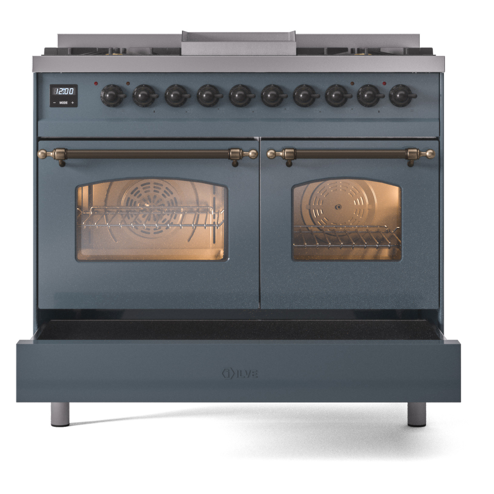 ILVE UPD40FNMPBGB Nostalgie II 40" Dual Fuel Range, drawer opened