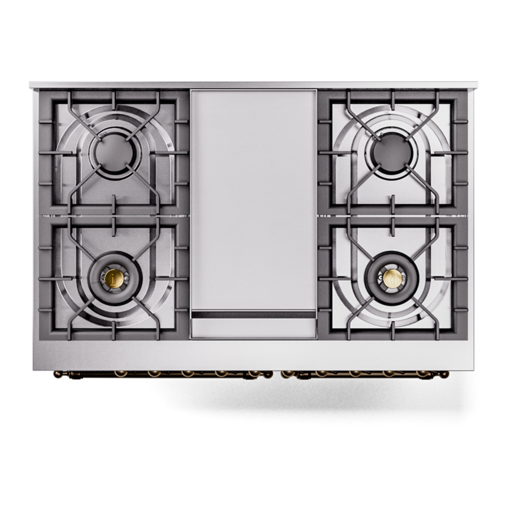 ILVE UPD40FNMPBGB Nostalgie II 40 inch Dual Fuel Range with Double Ovens, 6 Burners and Griddle (Natural Gas, Triple Glass Door, Blue Grey, Burnished) 11 ILVE UPD40FNMPBGB Nostalgie II 40" Dual Fuel Range, top view