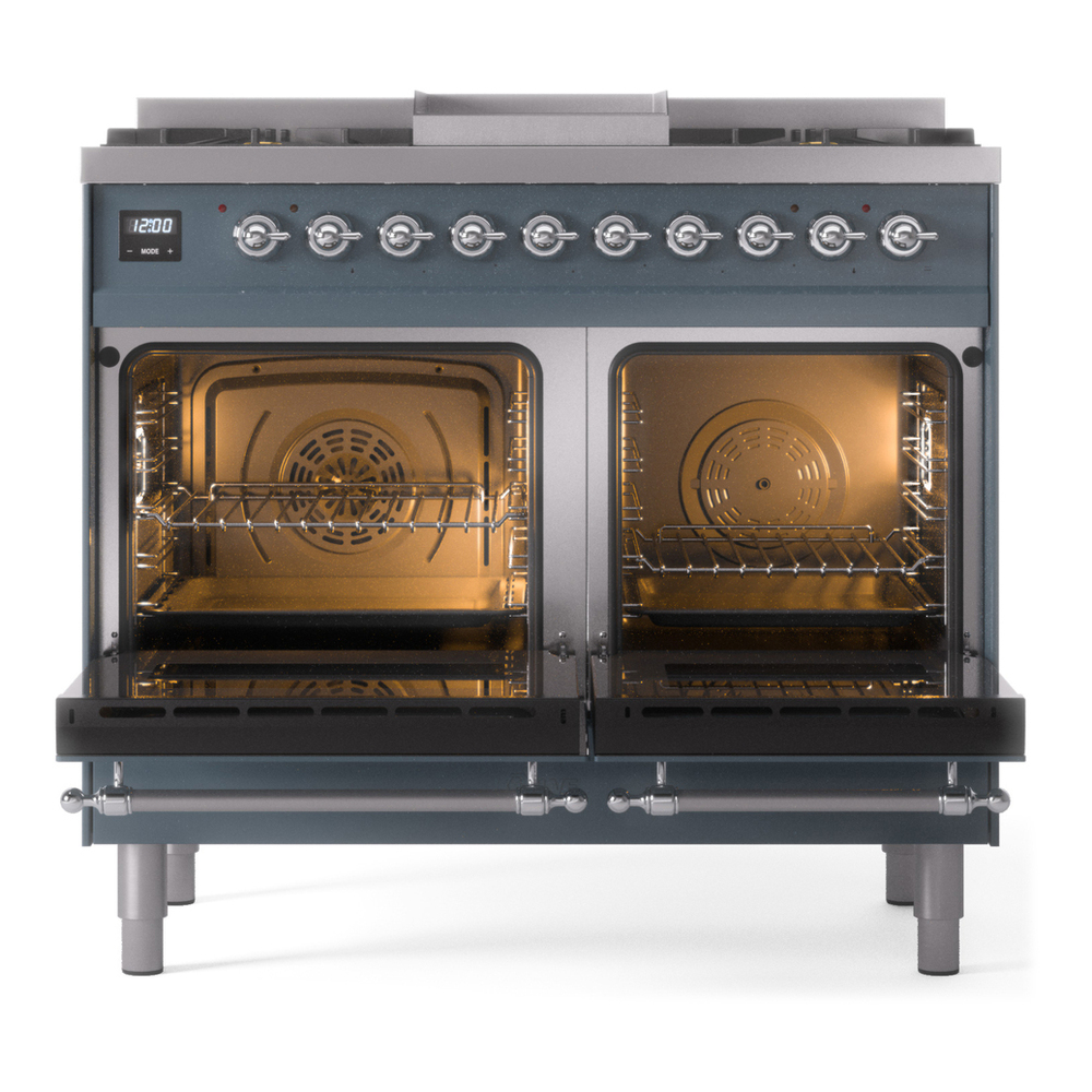 ILVE UPD40FNMPBGCLP Nostalgie II 40 inch Dual Fuel Range with Double Ovens, 6 Burners and Griddle (Liquid Propane, Triple Glass Door, Blue Grey, Chrome) 6 ILVE UPD40FNMPBGCLP Nostalgie II 40" Dual Fuel Range, oven doors opened
