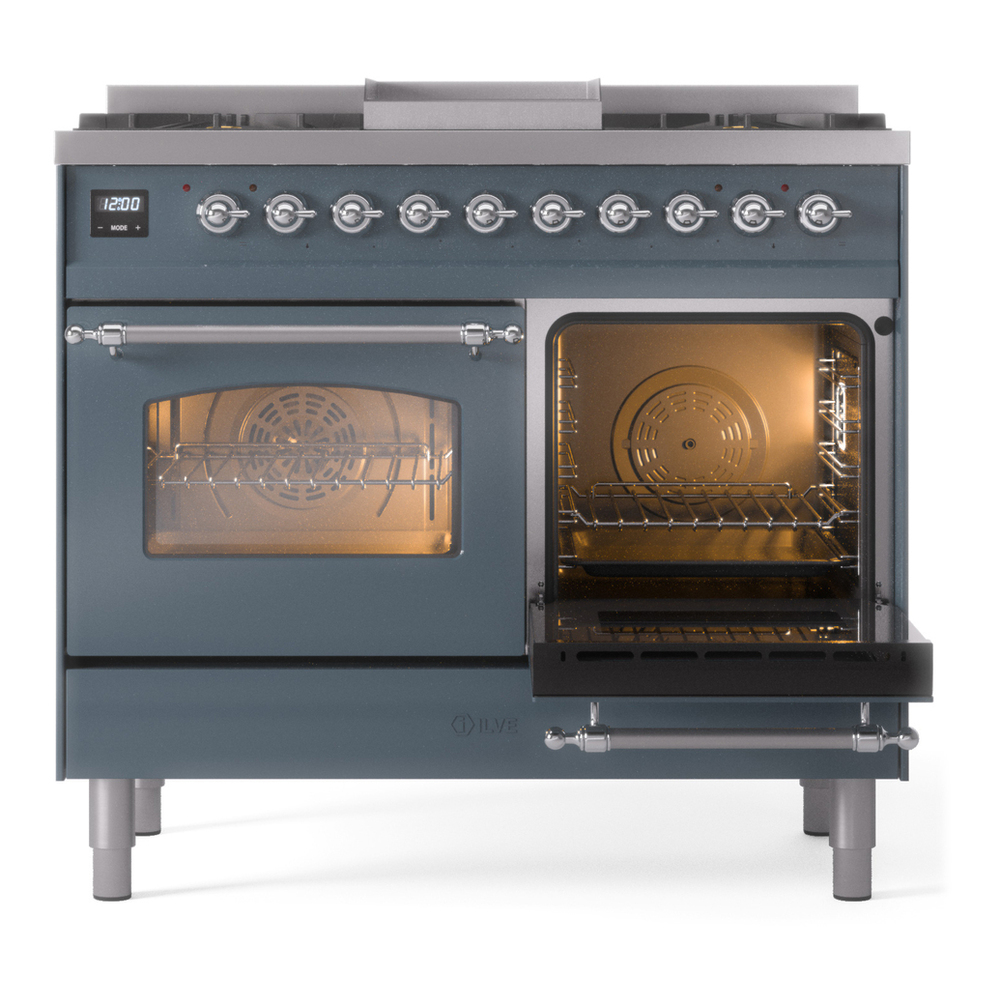 ILVE UPD40FNMPBGCLP Nostalgie II 40 inch Dual Fuel Range with Double Ovens, 6 Burners and Griddle (Liquid Propane, Triple Glass Door, Blue Grey, Chrome) 8 ILVE UPD40FNMPBGCLP Nostalgie II 40" Dual Fuel Range, side oven door opened