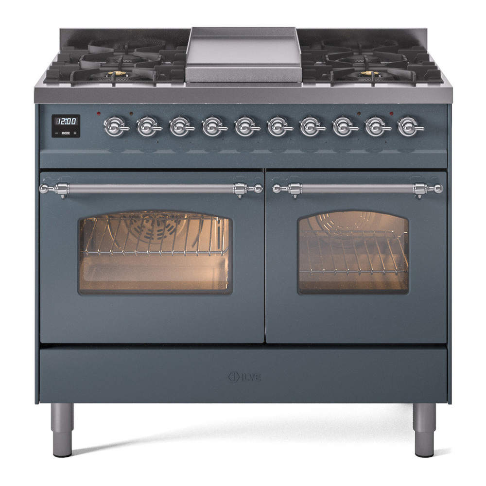 ILVE UPD40FNMPBGC Nostalgie II 40 inch Dual Fuel Range with Double Ovens, 6 Burners and Griddle (Natural Gas, Triple Glass Door, Blue Grey, Chrome) 1 UPD40FNMPBGC