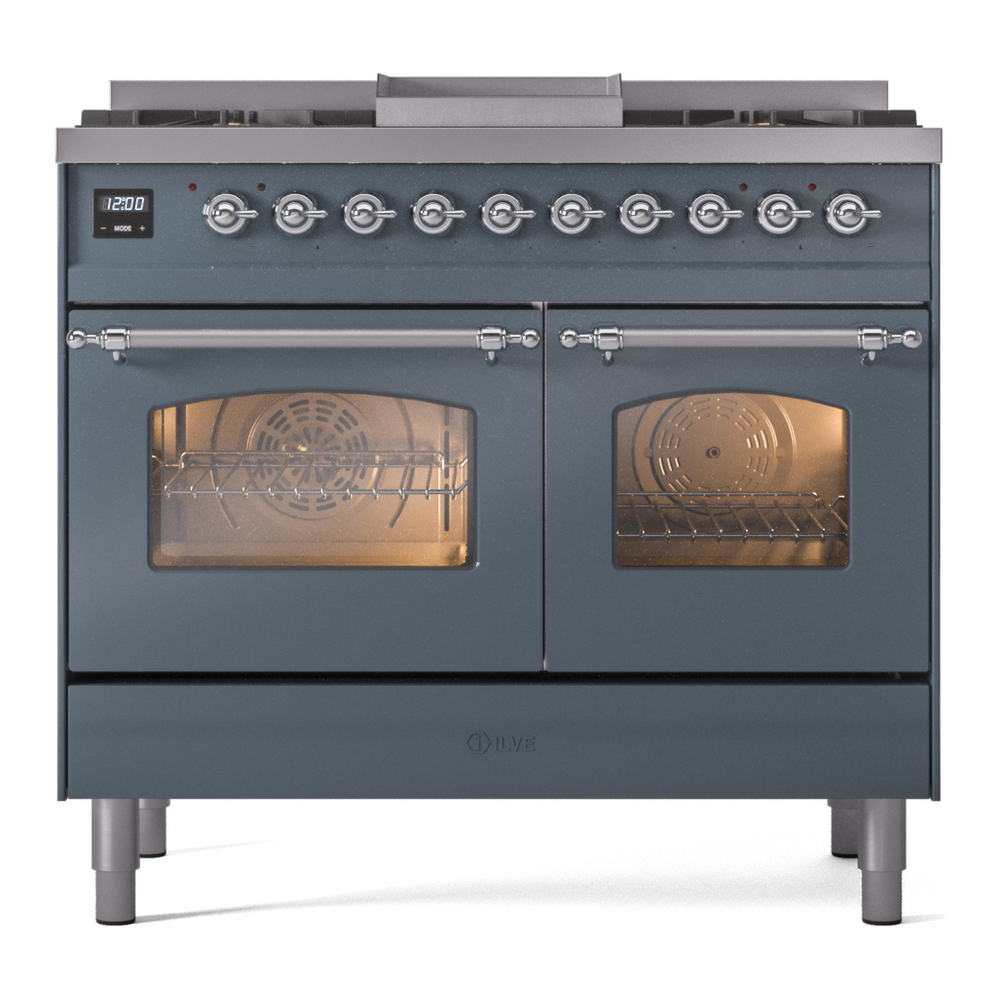 ILVE UPD40FNMPBGC Nostalgie II 40 inch Dual Fuel Range with Double Ovens, 6 Burners and Griddle (Natural Gas, Triple Glass Door, Blue Grey, Chrome) 5 ILVE UPD40FNMPBGC Nostalgie II 40" Dual Fuel Range, front view