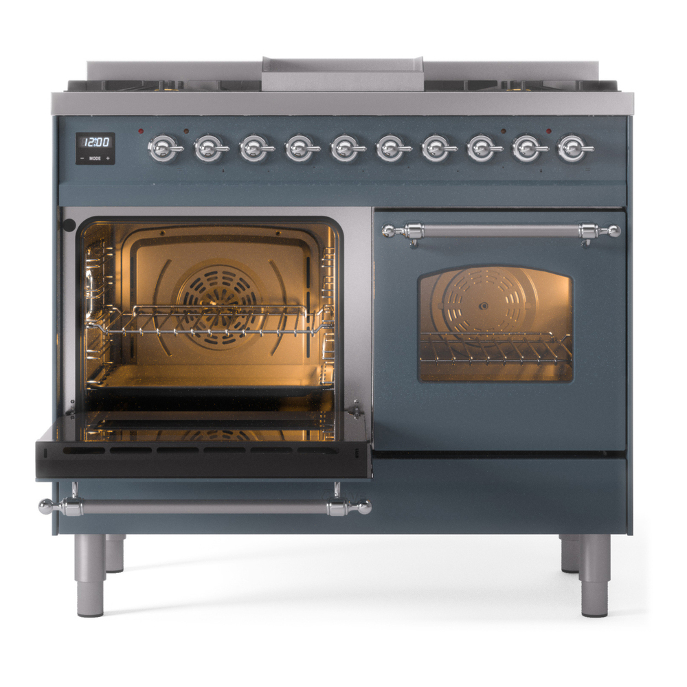 ILVE UPD40FNMPBGC Nostalgie II 40 inch Dual Fuel Range with Double Ovens, 6 Burners and Griddle (Natural Gas, Triple Glass Door, Blue Grey, Chrome) 7 ILVE UPD40FNMPBGC Nostalgie II 40" Dual Fuel Range, main oven door opened