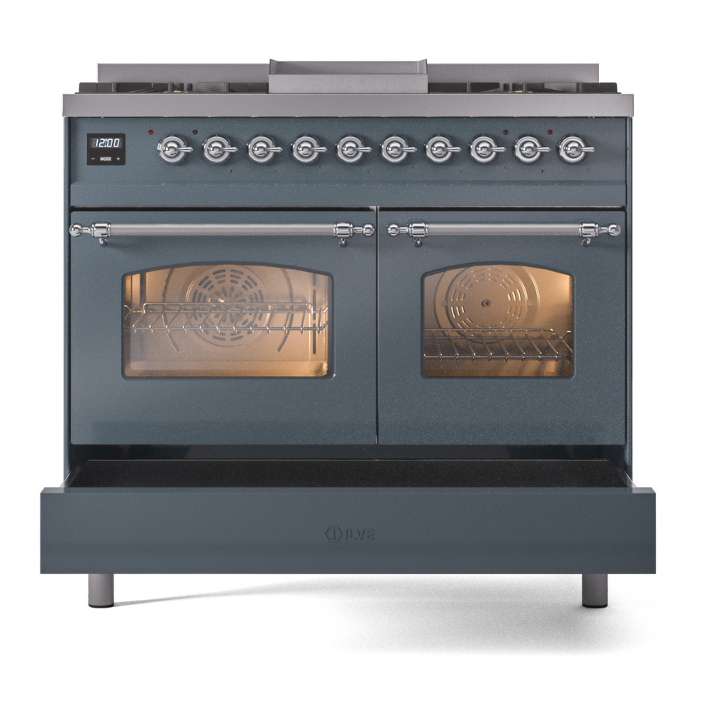 ILVE UPD40FNMPBGC Nostalgie II 40 inch Dual Fuel Range with Double Ovens, 6 Burners and Griddle (Natural Gas, Triple Glass Door, Blue Grey, Chrome) 9 ILVE UPD40FNMPBGC Nostalgie II 40" Dual Fuel Range, drawer opened
