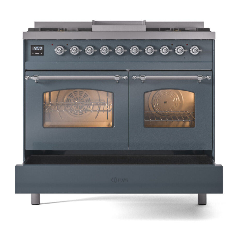 ILVE UPD40FNMPBGC Nostalgie II 40" Dual Fuel Range, drawer opened