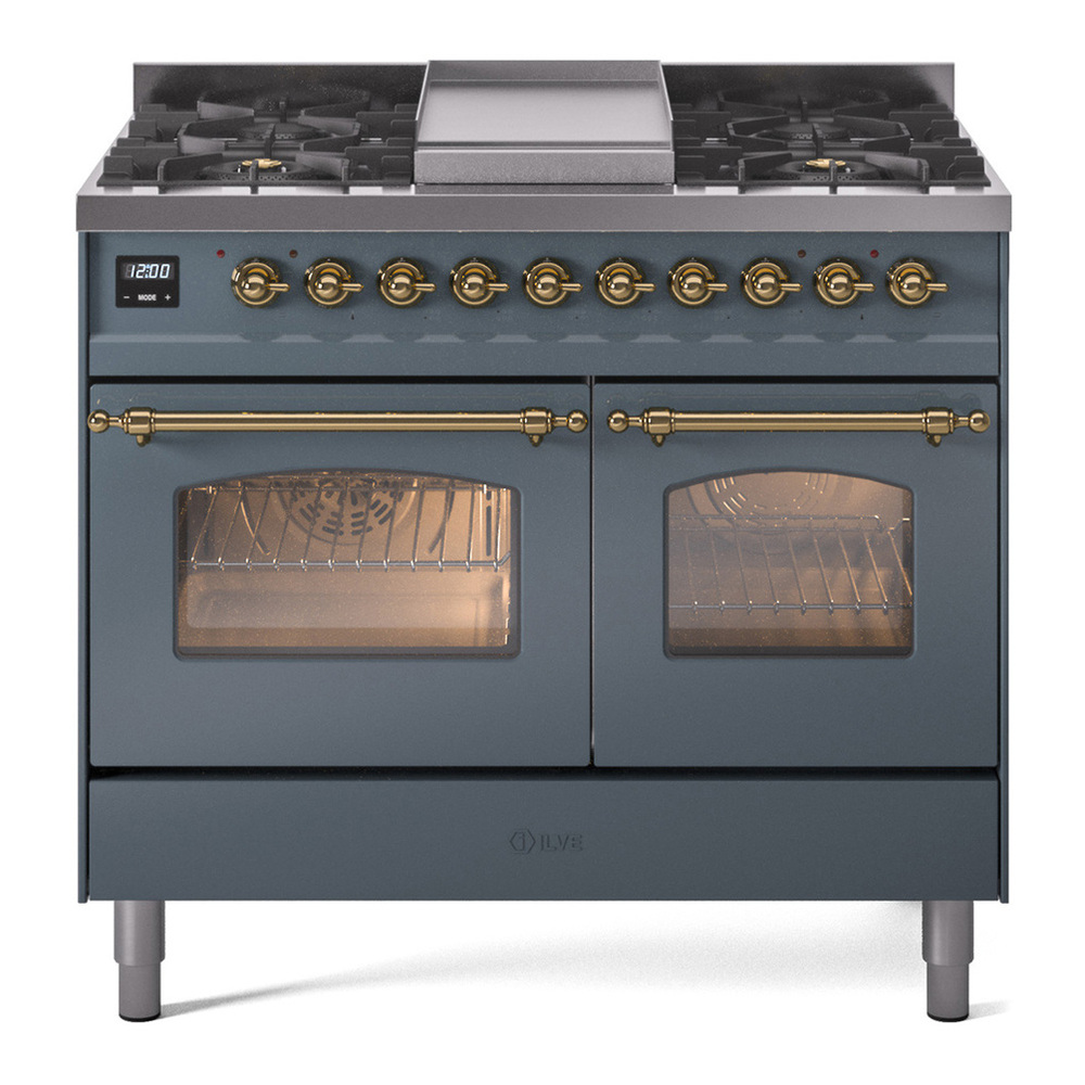 ILVE UPD40FNMPBGG Nostalgie II 40 inch Dual Fuel Range with Double Ovens, 6 Burners and Griddle (Natural Gas, Triple Glass Door, Blue Grey, Brass) 1 UPD40FNMPBGG