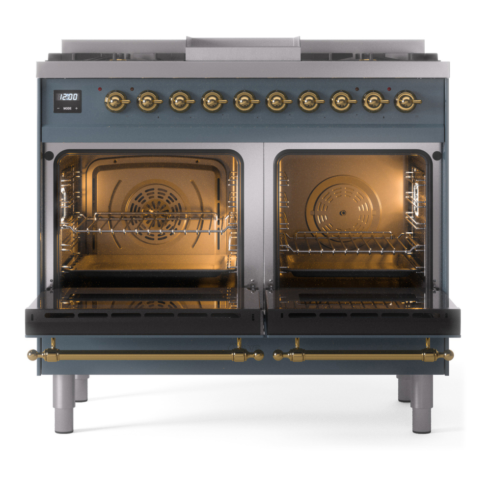 ILVE UPD40FNMPBGG Nostalgie II 40 inch Dual Fuel Range with Double Ovens, 6 Burners and Griddle (Natural Gas, Triple Glass Door, Blue Grey, Brass) 9 ILVE UPD40FNMPBGG Nostalgie II 40" Dual Fuel Range, oven doors opened