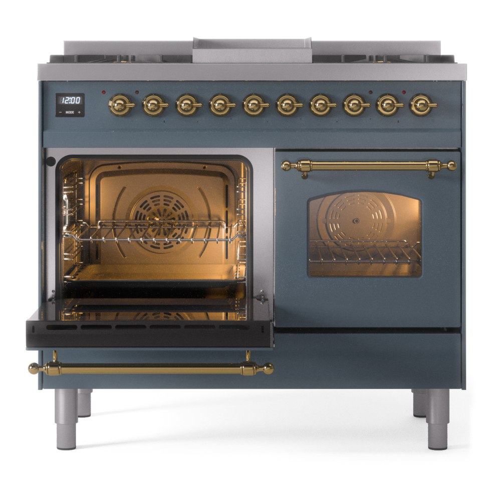 ILVE UPD40FNMPBGG Nostalgie II 40 inch Dual Fuel Range with Double Ovens, 6 Burners and Griddle (Natural Gas, Triple Glass Door, Blue Grey, Brass) 10 ILVE UPD40FNMPBGG Nostalgie II 40" Dual Fuel Range, main oven door opened