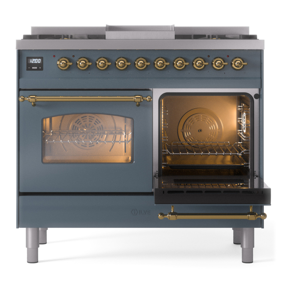 ILVE UPD40FNMPBGG Nostalgie II 40 inch Dual Fuel Range with Double Ovens, 6 Burners and Griddle (Natural Gas, Triple Glass Door, Blue Grey, Brass) 11 ILVE UPD40FNMPBGG Nostalgie II 40" Dual Fuel Range, side oven door opened