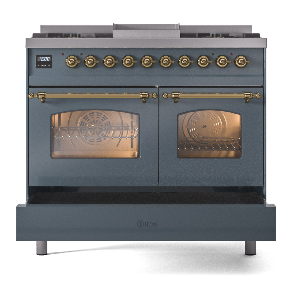 ILVE UPD40FNMPBGG Nostalgie II 40 inch Dual Fuel Range with Double Ovens, 6 Burners and Griddle (Natural Gas, Triple Glass Door, Blue Grey, Brass) 12 ILVE UPD40FNMPBGG Nostalgie II 40" Dual Fuel Range, drawer opened