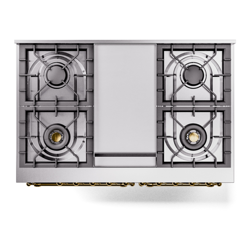 ILVE UPD40FNMPBGG Nostalgie II 40 inch Dual Fuel Range with Double Ovens, 6 Burners and Griddle (Natural Gas, Triple Glass Door, Blue Grey, Brass) 14 ILVE UPD40FNMPBGG Nostalgie II 40" Dual Fuel Range, top view