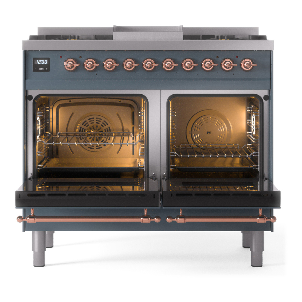 ILVE UPD40FNMPBGPLP Nostalgie II 40 inch Dual Fuel Range with Double Ovens, 6 Burners and Griddle (Liquid Propane, Triple Glass Door, Blue Grey, Copper) 6 ILVE UPD40FNMPBGPLP Nostalgie II 40" Dual Fuel Range, oven doors opened