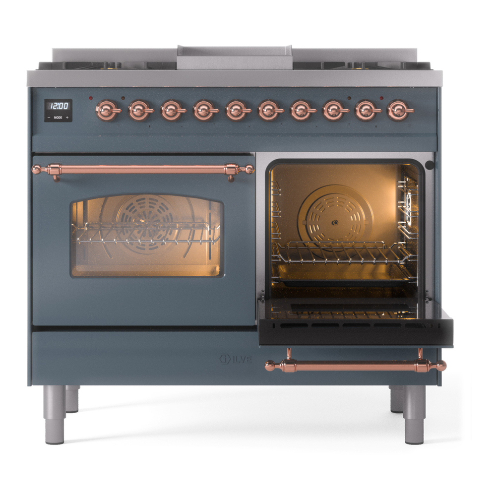 ILVE UPD40FNMPBGPLP Nostalgie II 40 inch Dual Fuel Range with Double Ovens, 6 Burners and Griddle (Liquid Propane, Triple Glass Door, Blue Grey, Copper) 8 ILVE UPD40FNMPBGPLP Nostalgie II 40" Dual Fuel Range, side oven door opened
