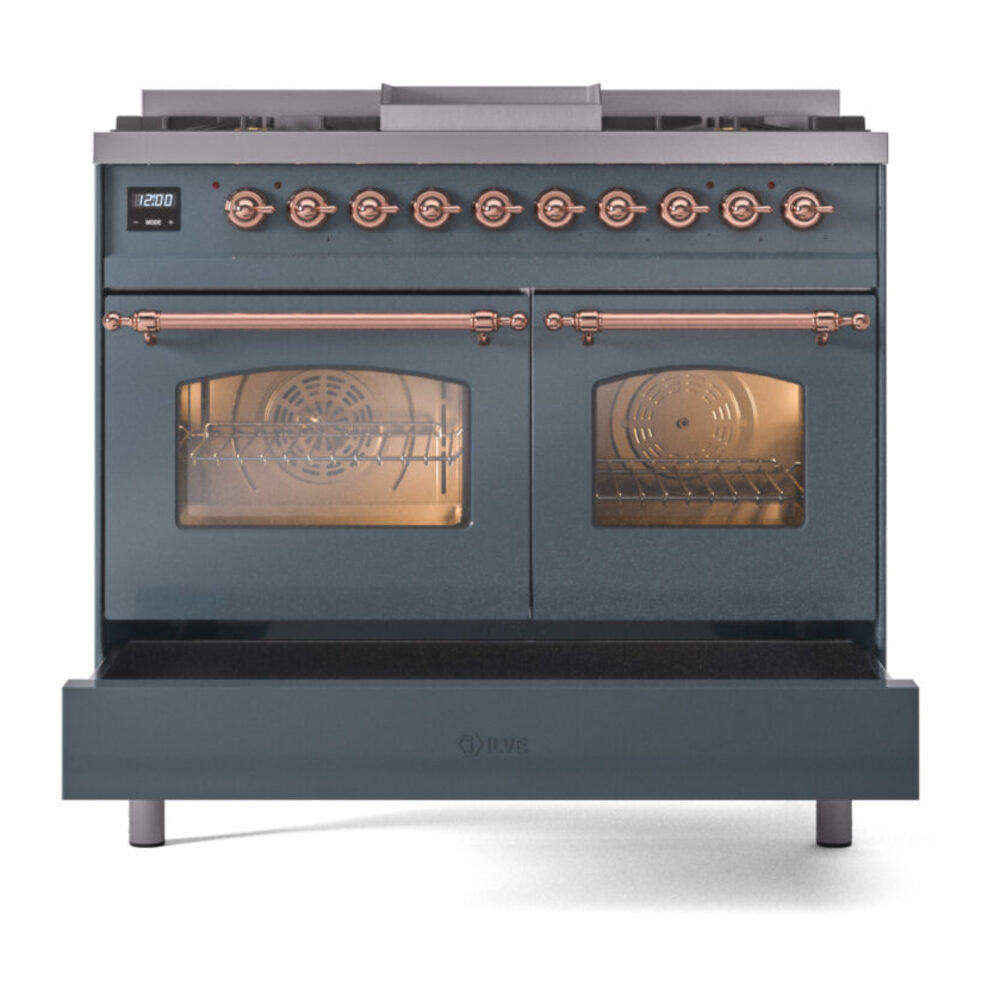 ILVE UPD40FNMPBGPLP Nostalgie II 40" Dual Fuel Range, drawer opened