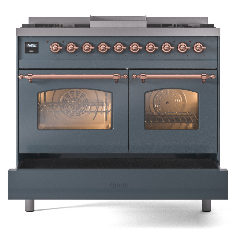 ILVE UPD40FNMPBGPLP Nostalgie II 40" Dual Fuel Range, drawer opened