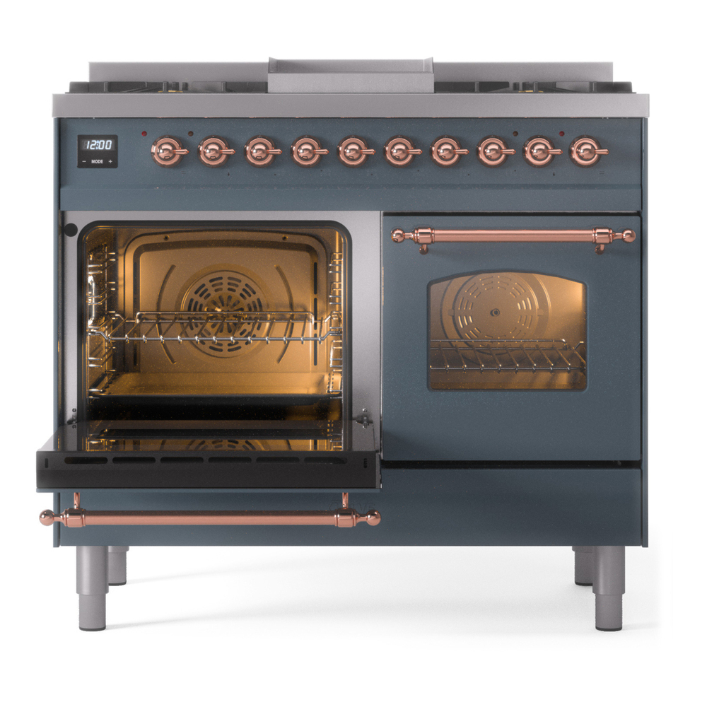 ILVE UPD40FNMPBGP Nostalgie II 40 inch Dual Fuel Range with Double Ovens, 6 Burners and Griddle (Natural Gas, Triple Glass Door, Blue Grey, Copper) 7 ILVE UPD40FNMPBGP Nostalgie II 40" Dual Fuel Range, main oven door opened
