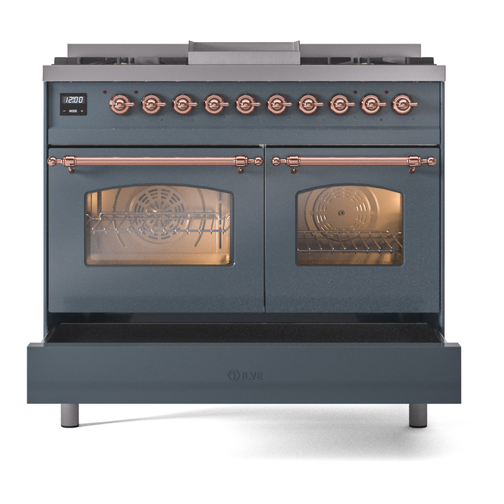 ILVE UPD40FNMPBGP Nostalgie II 40 inch Dual Fuel Range with Double Ovens, 6 Burners and Griddle (Natural Gas, Triple Glass Door, Blue Grey, Copper) 9 ILVE UPD40FNMPBGP Nostalgie II 40" Dual Fuel Range, drawer opened
