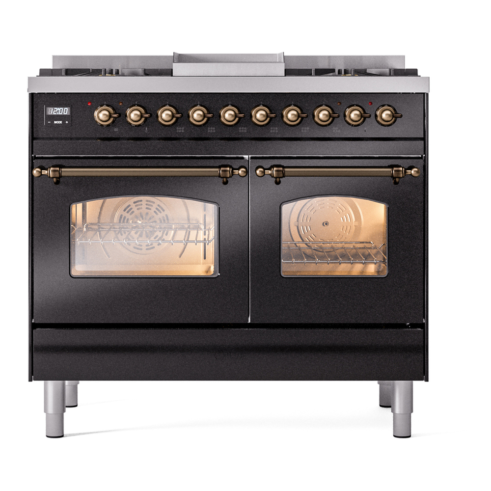 ILVE UPD40FNMPBKBLP Nostalgie II 40 inch Dual Fuel Range with Double Ovens, 6 Burners and Griddle (Liquid Propane, Triple Glass Door, Glossy Black, Burnished) 5 ILVE UPD40FNMPBKBLP Nostalgie II 40" Dual Fuel Range, front view