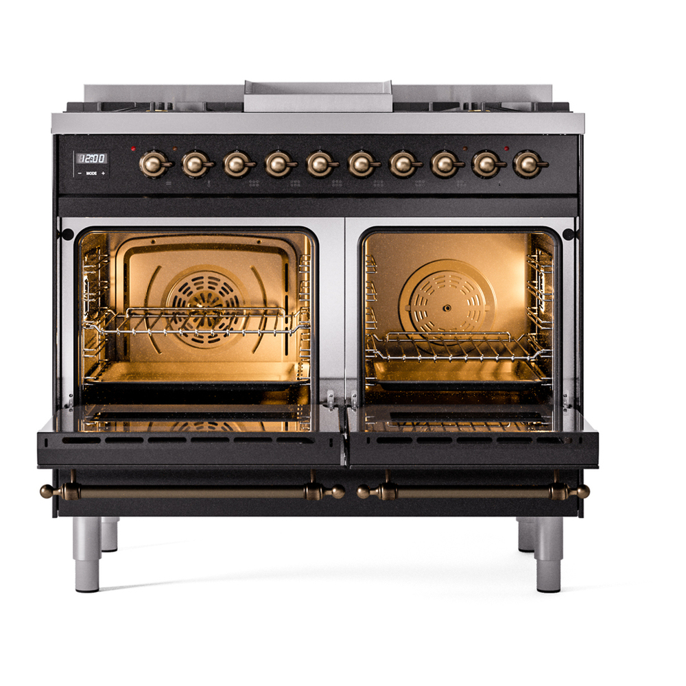 ILVE UPD40FNMPBKBLP Nostalgie II 40 inch Dual Fuel Range with Double Ovens, 6 Burners and Griddle (Liquid Propane, Triple Glass Door, Glossy Black, Burnished) 6 ILVE UPD40FNMPBKBLP Nostalgie II 40" Dual Fuel Range, oven doors opened