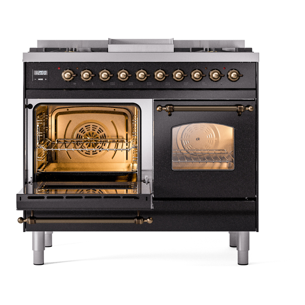 ILVE UPD40FNMPBKBLP Nostalgie II 40 inch Dual Fuel Range with Double Ovens, 6 Burners and Griddle (Liquid Propane, Triple Glass Door, Glossy Black, Burnished) 7 ILVE UPD40FNMPBKBLP Nostalgie II 40" Dual Fuel Range, main oven door opened