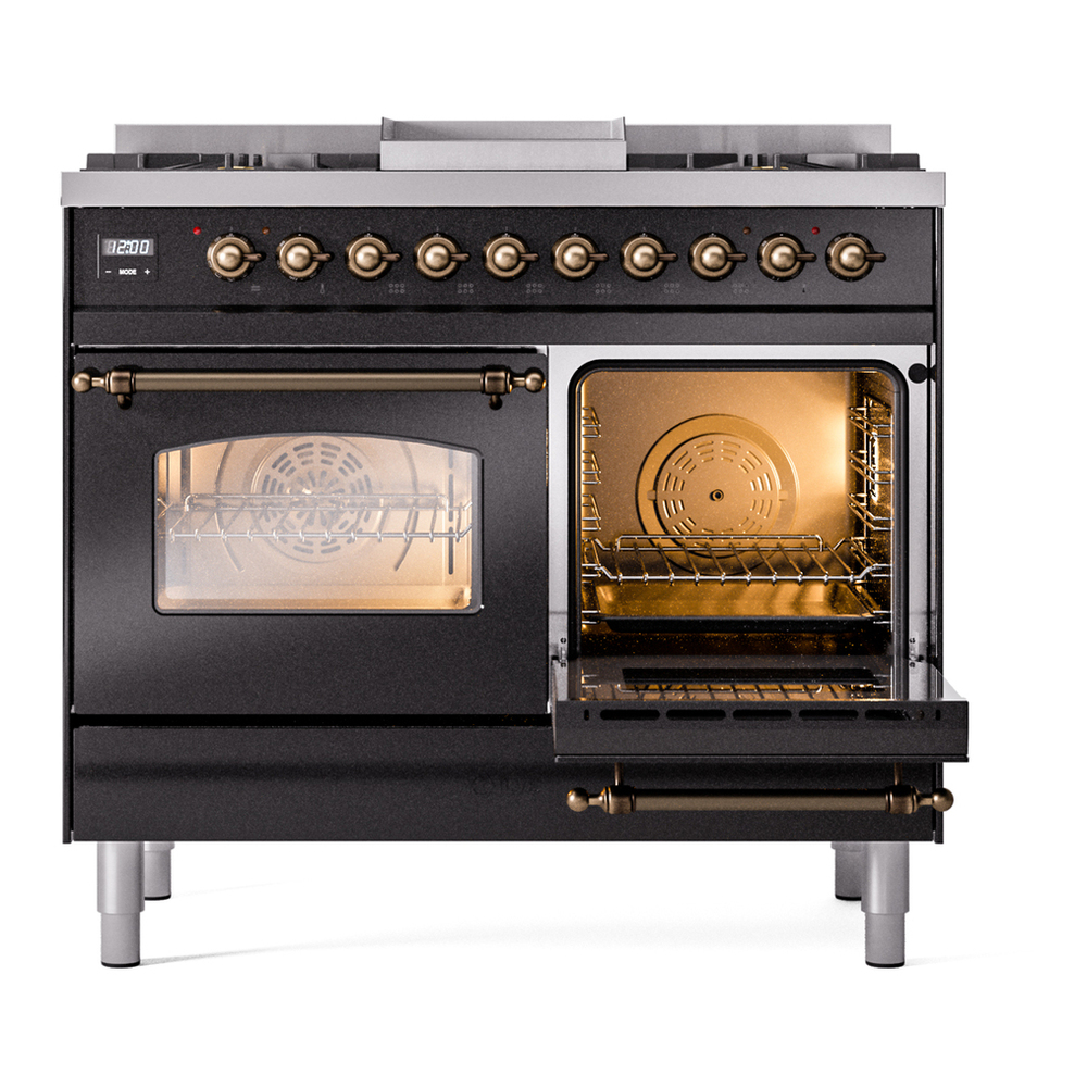 ILVE UPD40FNMPBKBLP Nostalgie II 40 inch Dual Fuel Range with Double Ovens, 6 Burners and Griddle (Liquid Propane, Triple Glass Door, Glossy Black, Burnished) 8 ILVE UPD40FNMPBKBLP Nostalgie II 40" Dual Fuel Range, side oven door opened