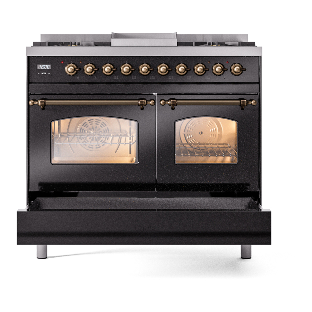 ILVE UPD40FNMPBKBLP Nostalgie II 40 inch Dual Fuel Range with Double Ovens, 6 Burners and Griddle (Liquid Propane, Triple Glass Door, Glossy Black, Burnished) 9 ILVE UPD40FNMPBKBLP Nostalgie II 40" Dual Fuel Range, drawer opened