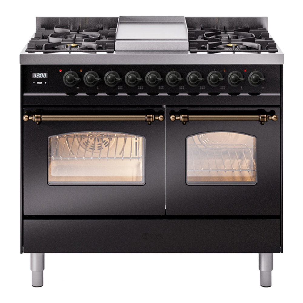 ILVE UPD40FNMPBKB Nostalgie II 40 inch Dual Fuel Range with Double Ovens, 6 Burners and Griddle (Natural Gas, Triple Glass Door, Glossy Black, Burnished) 1 UPD40FNMPBKB