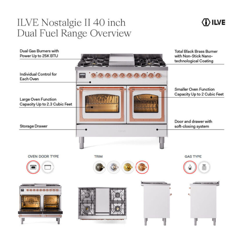 ILVE UPD40FNMP Nostalgie II 40 inch Dual Fuel Range with Double Ovens, 6 Burners and Griddle