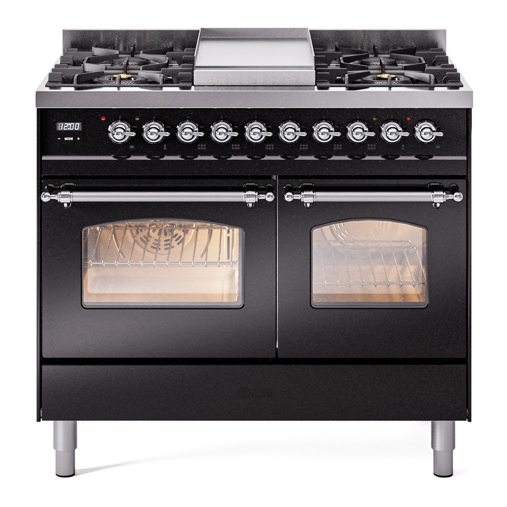 ILVE UPD40FNMPBKCLP Nostalgie II 40 inch Dual Fuel Range with Double Ovens, 6 Burners and Griddle (Liquid Propane, Triple Glass Door, Glossy Black, Chrome) 1 UPD40FNMPBKCLP