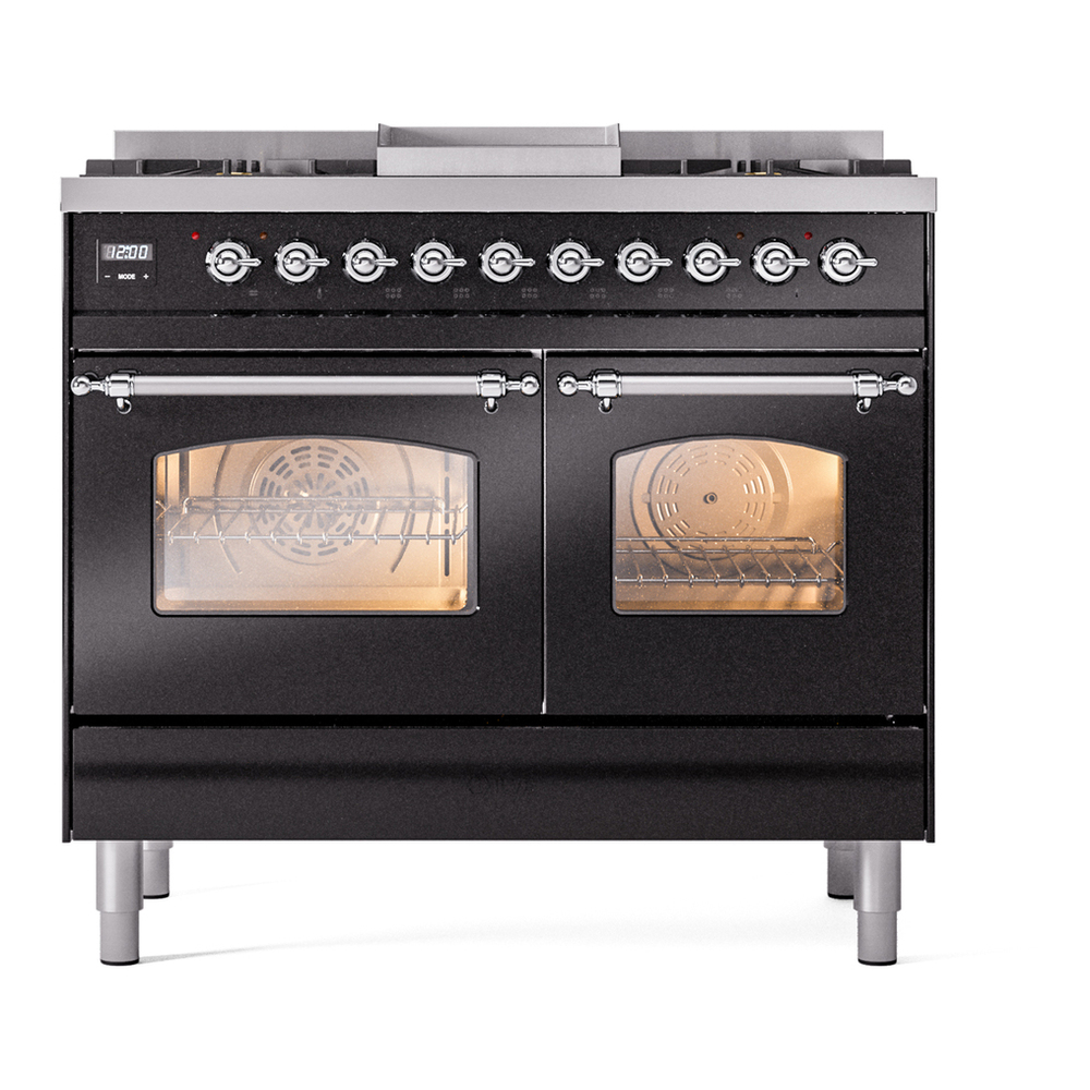 ILVE UPD40FNMPBKCLP Nostalgie II 40 inch Dual Fuel Range with Double Ovens, 6 Burners and Griddle (Liquid Propane, Triple Glass Door, Glossy Black, Chrome) 5 ILVE UPD40FNMPBKCLP Nostalgie II 40" Dual Fuel Range, front view