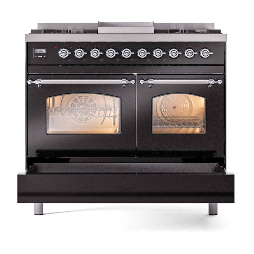 ILVE UPD40FNMPBKCLP Nostalgie II 40" Dual Fuel Range, drawer opened