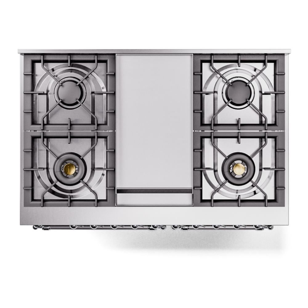 ILVE UPD40FNMPBKCLP Nostalgie II 40 inch Dual Fuel Range with Double Ovens, 6 Burners and Griddle (Liquid Propane, Triple Glass Door, Glossy Black, Chrome) 11 ILVE UPD40FNMPBKCLP Nostalgie II 40" Dual Fuel Range, top view