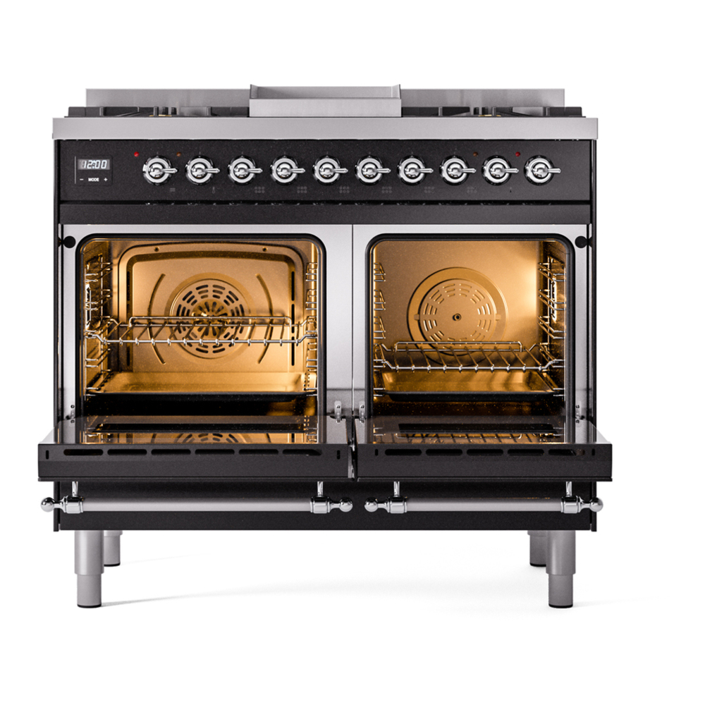ILVE UPD40FNMPBKC Nostalgie II 40 inch Dual Fuel Range with Double Ovens, 6 Burners and Griddle (Natural Gas, Triple Glass Door, Glossy Black, Chrome) 6 ILVE UPD40FNMPBKC Nostalgie II 40" Dual Fuel Range, oven doors opened