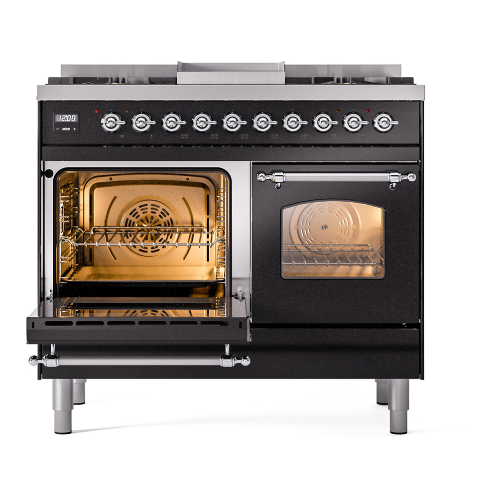 ILVE UPD40FNMPBKC Nostalgie II 40 inch Dual Fuel Range with Double Ovens, 6 Burners and Griddle (Natural Gas, Triple Glass Door, Glossy Black, Chrome) 7 ILVE UPD40FNMPBKC Nostalgie II 40" Dual Fuel Range, main oven door opened
