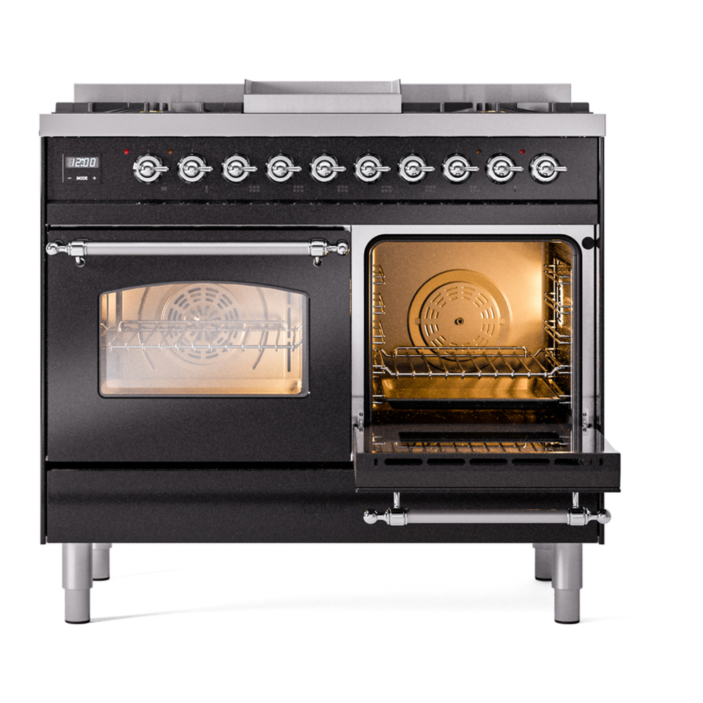 ILVE UPD40FNMPBKC Nostalgie II 40 inch Dual Fuel Range with Double Ovens, 6 Burners and Griddle (Natural Gas, Triple Glass Door, Glossy Black, Chrome) 8 ILVE UPD40FNMPBKC Nostalgie II 40" Dual Fuel Range, side oven door opened